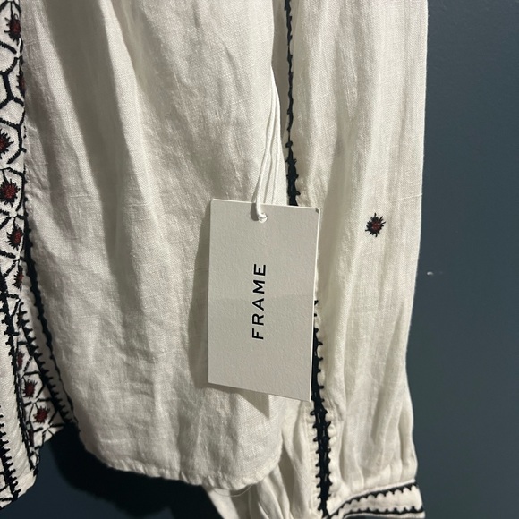 Frame Anita Embroidered Linen Peasant Top Oversized Tie Lace Long Sleeve S/p - Picture 8 of 10